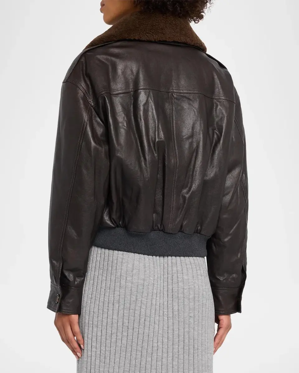 Brunello Cucinelli Waxed Leather Aviator Jacket With Lamb Shearling Collar | Thumbnail 3 Brunello Cucinelli Waxed Leather Aviator Jacket With Lamb Shearling Collar | Thumbnail 3