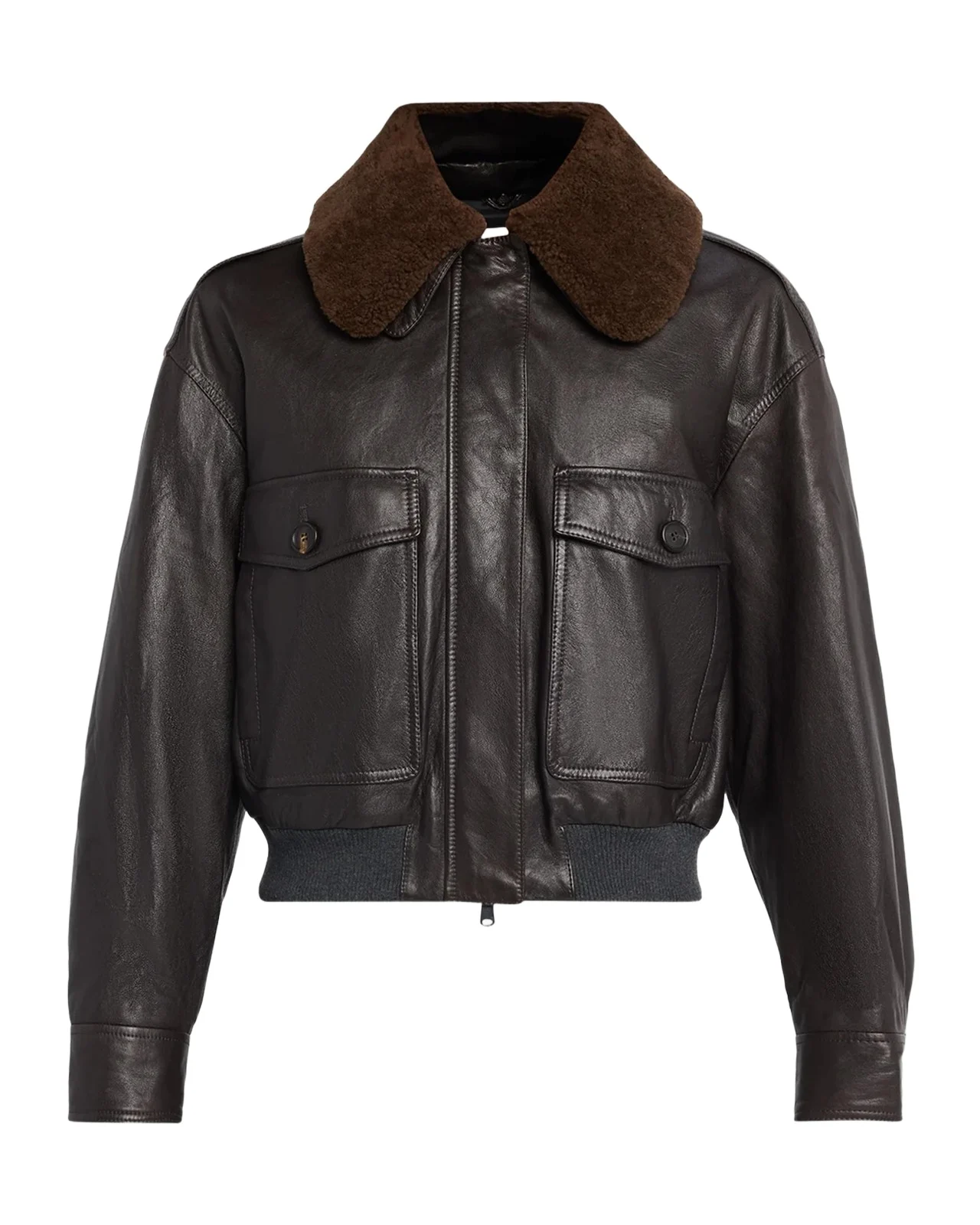 Brunello Cucinelli Waxed Leather Aviator Jacket With Lamb Shearling Collar