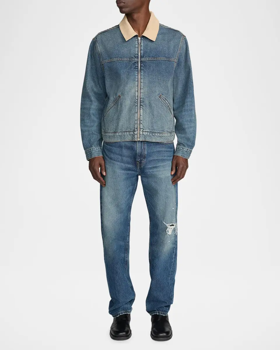 Frame Men's Corduroy-Collar Denim Zip Trucker Jacket | Thumbnail 2 Frame Men's Corduroy-Collar Denim Zip Trucker Jacket | Thumbnail 2