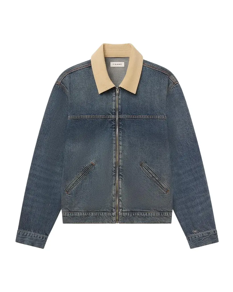 Frame Men's Corduroy-Collar Denim Zip Trucker Jacket | Image 1 Frame Men's Corduroy-Collar Denim Zip Trucker Jacket | Image 1