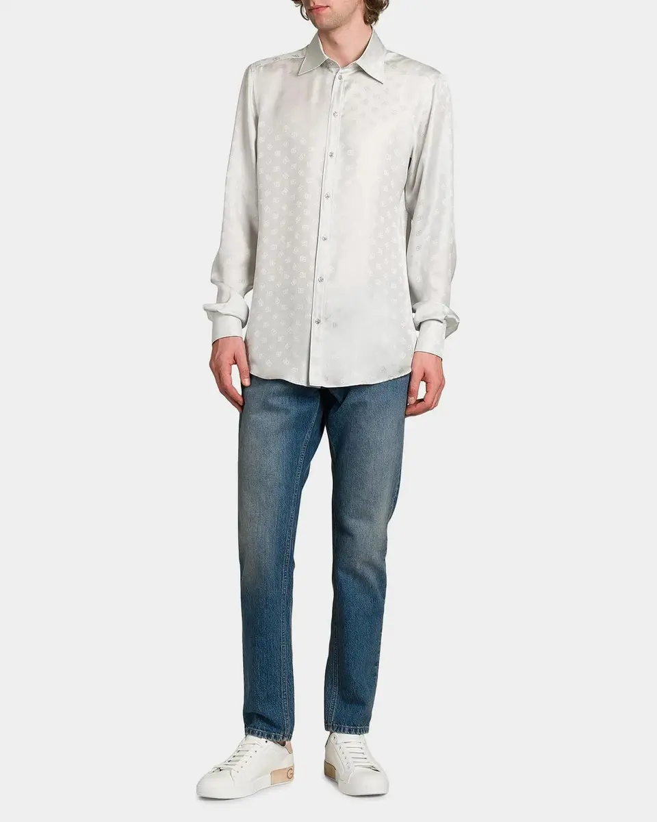Dolce & Gabbana Men's Silk Jacquard Logo Martini-Fit Sport Shirt | Thumbnail 2 Dolce & Gabbana Men's Silk Jacquard Logo Martini-Fit Sport Shirt | Thumbnail 2