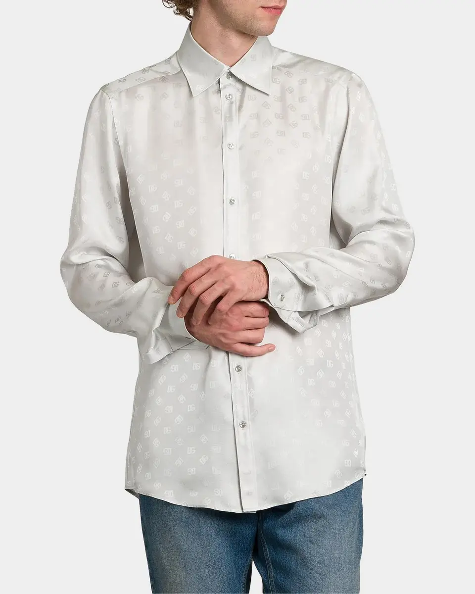 Dolce & Gabbana Men's Silk Jacquard Logo Martini-Fit Sport Shirt | Thumbnail 4 Dolce & Gabbana Men's Silk Jacquard Logo Martini-Fit Sport Shirt | Thumbnail 4