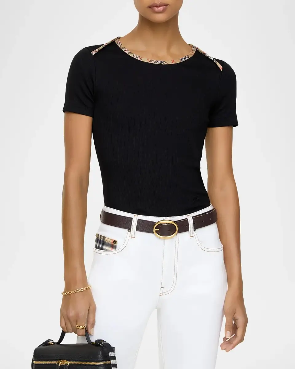 Burberry Stephanie Check-Trim Cotton Rib T-Shirt | Thumbnail 2 Burberry Stephanie Check-Trim Cotton Rib T-Shirt | Thumbnail 2