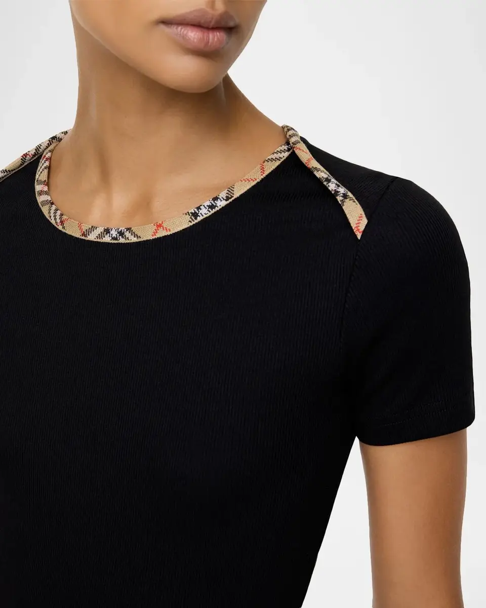 Burberry Stephanie Check-Trim Cotton Rib T-Shirt | Thumbnail 3 Burberry Stephanie Check-Trim Cotton Rib T-Shirt | Thumbnail 3