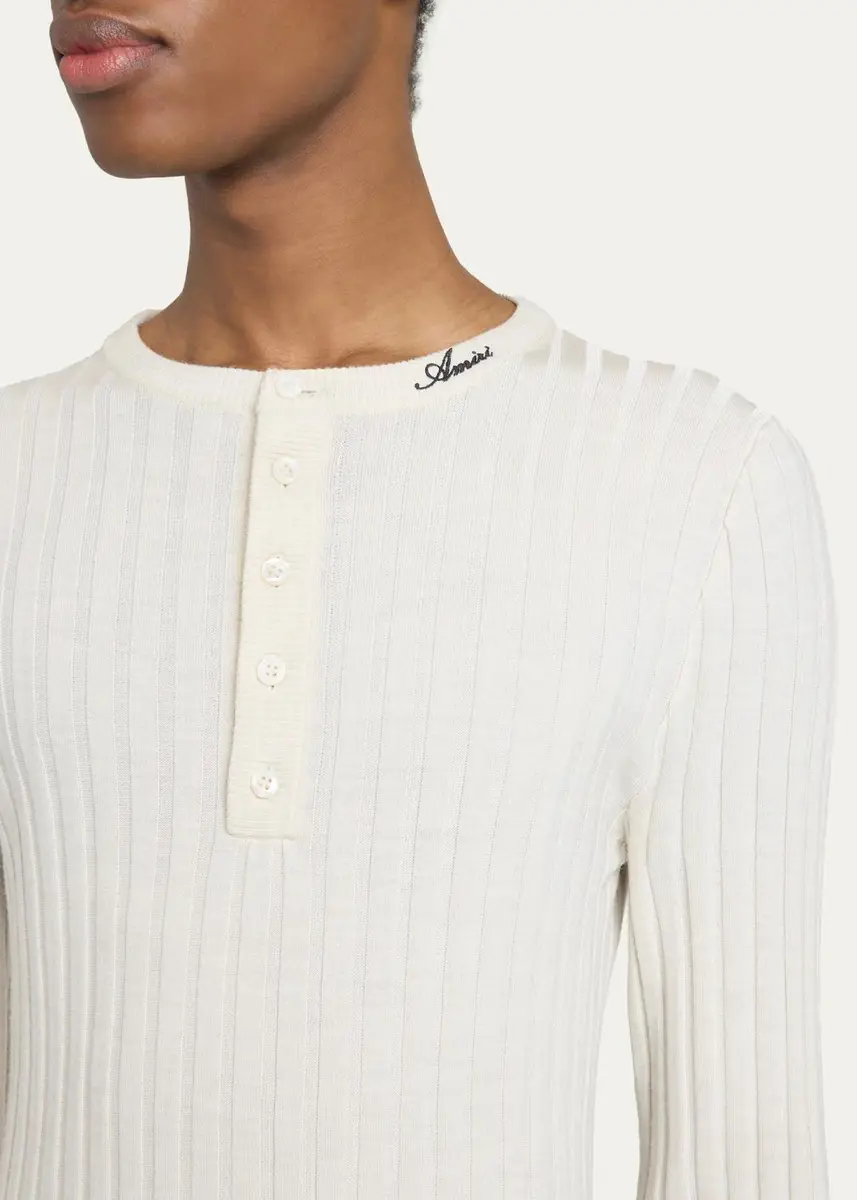 AMIRI Men's Logo Script Ribbed Long-Sleeve Henley T-Shirt | Thumbnail 5 AMIRI Men's Logo Script Ribbed Long-Sleeve Henley T-Shirt | Thumbnail 5
