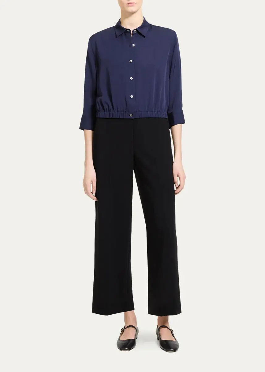 Theory Scrunched-Sleeve Cropped Button-Front Silk Shirt | Thumbnail 2