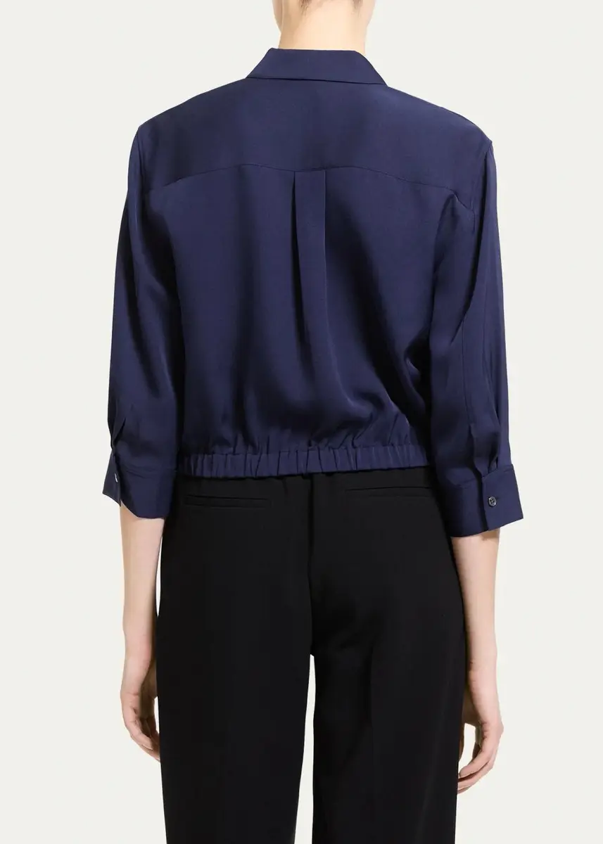 Theory Scrunched-Sleeve Cropped Button-Front Silk Shirt | Thumbnail 3