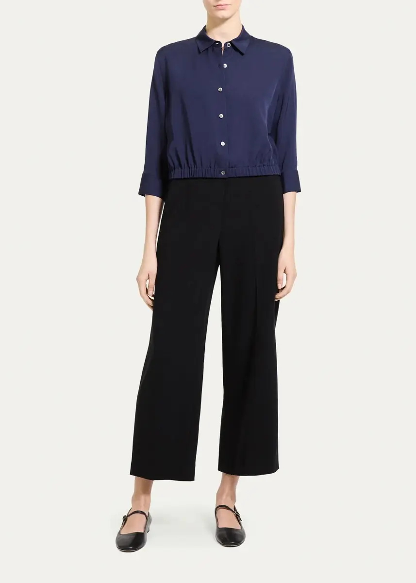 Theory Scrunched-Sleeve Cropped Button-Front Silk Shirt | Thumbnail 4