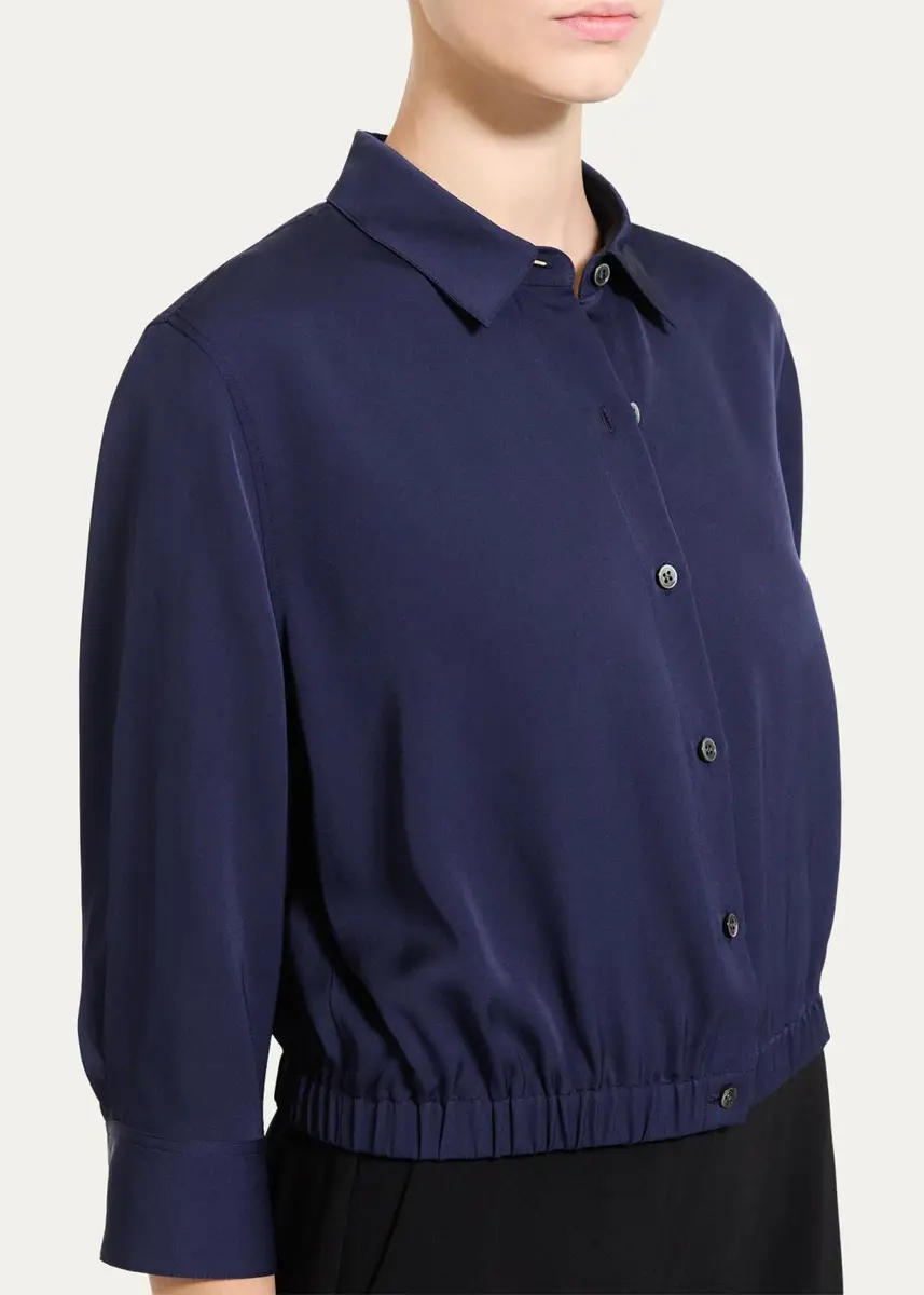 Theory Scrunched-Sleeve Cropped Button-Front Silk Shirt | Thumbnail 5