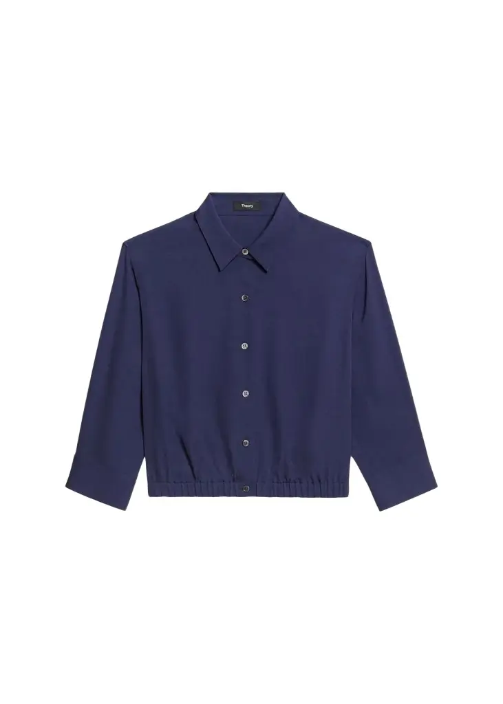 Theory Scrunched-Sleeve Cropped Button-Front Silk Shirt