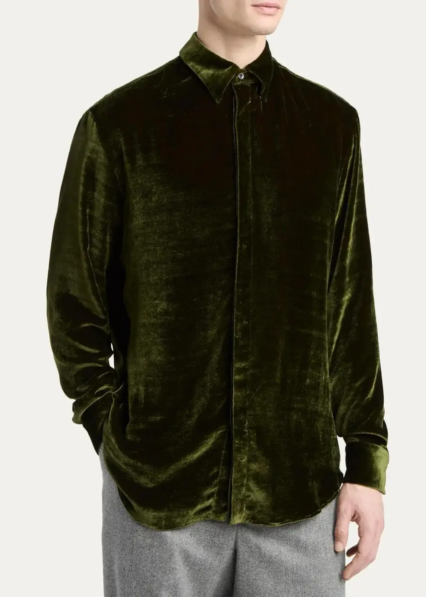 Giorgio Armani Men's Crushed Velvet Button-Down Shirt | Thumbnail 4 Giorgio Armani Men's Crushed Velvet Button-Down Shirt | Thumbnail 4