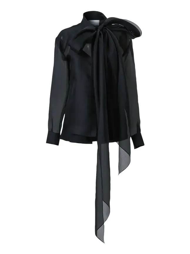 Bow Button-Front Silk Shirt