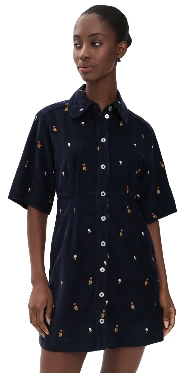 Sea Tilly Embroidered Cord Button Down Dress Navy | Image 1 Sea Tilly Embroidered Cord Button Down Dress Navy | Image 1