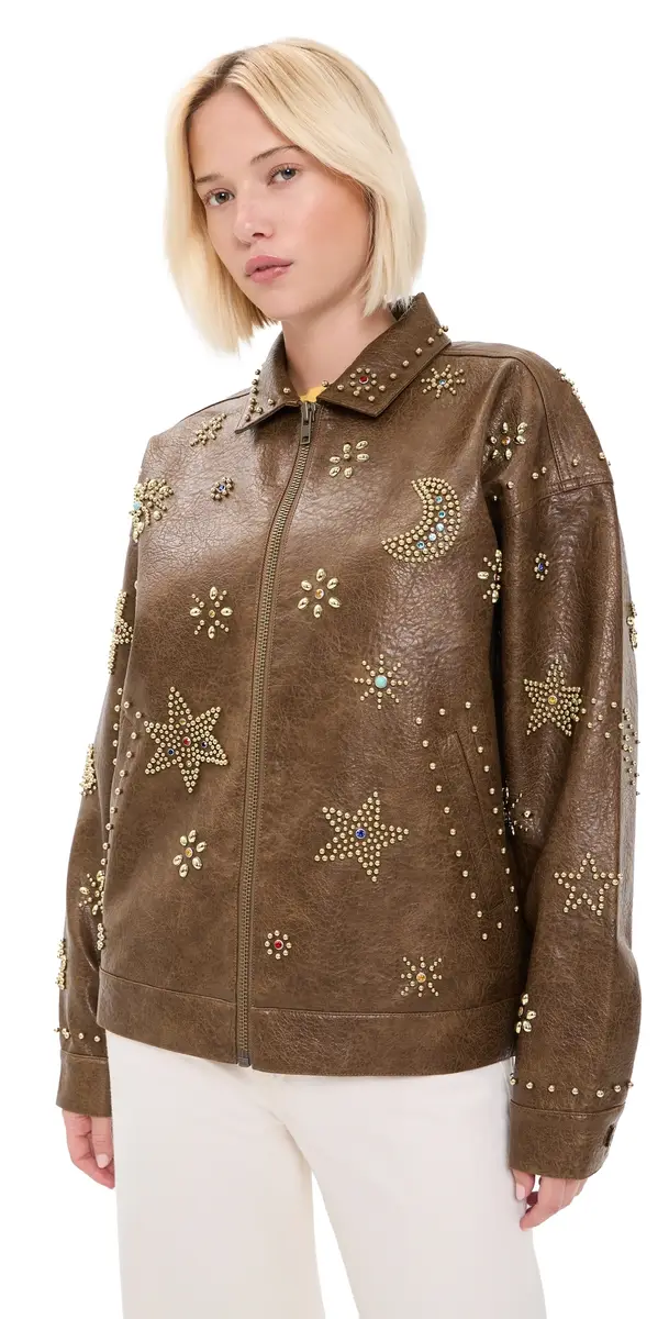 Mother The Zip It Faux eather Jacket Brown And Cream | Image 1 Mother The Zip It Faux eather Jacket Brown And Cream | Image 1