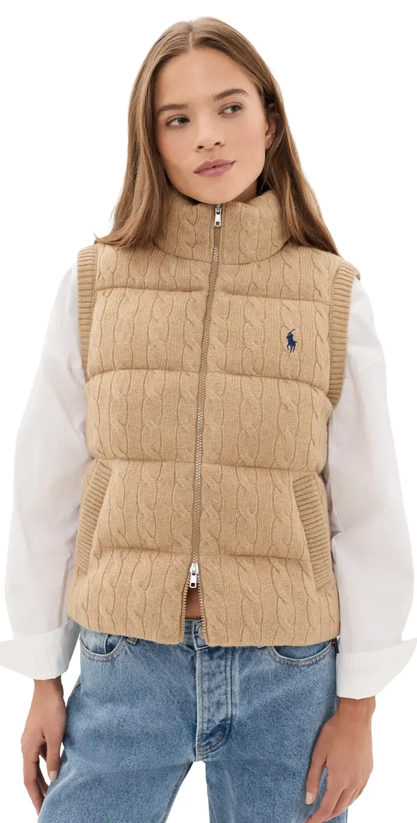 Polo Ralph Lauren Cable Knit Puffer Vest Collection Camel elange | Image 1 Polo Ralph Lauren Cable Knit Puffer Vest Collection Camel elange | Image 1