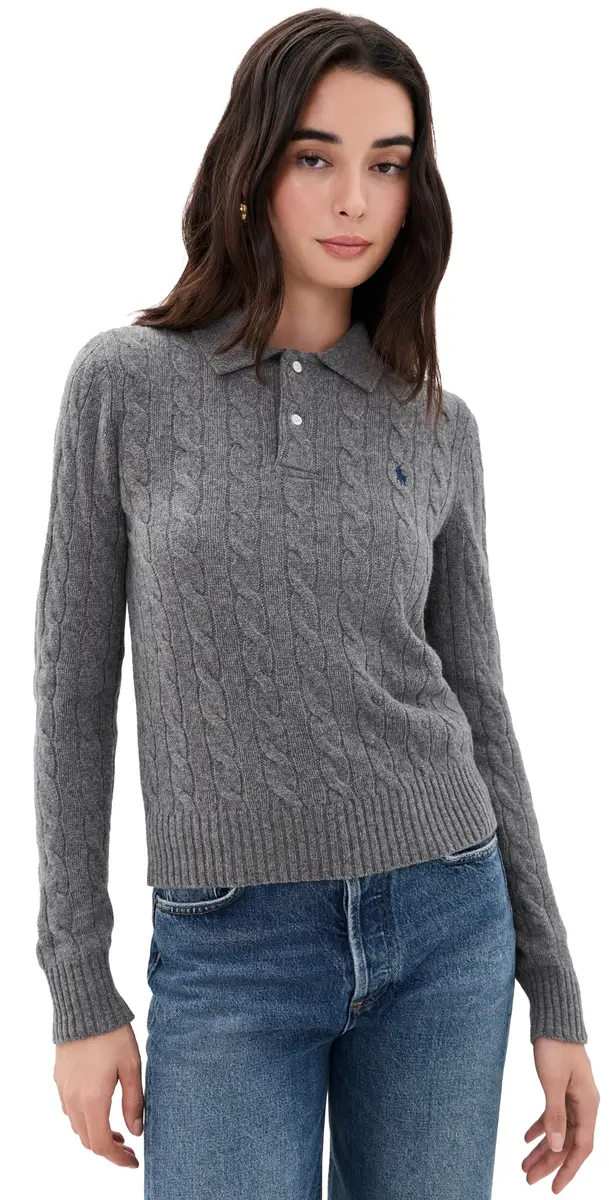 Polo Ralph Lauren Cable Knit Polo Sweater Flannel Grey Heather | Image 1 Polo Ralph Lauren Cable Knit Polo Sweater Flannel Grey Heather | Image 1
