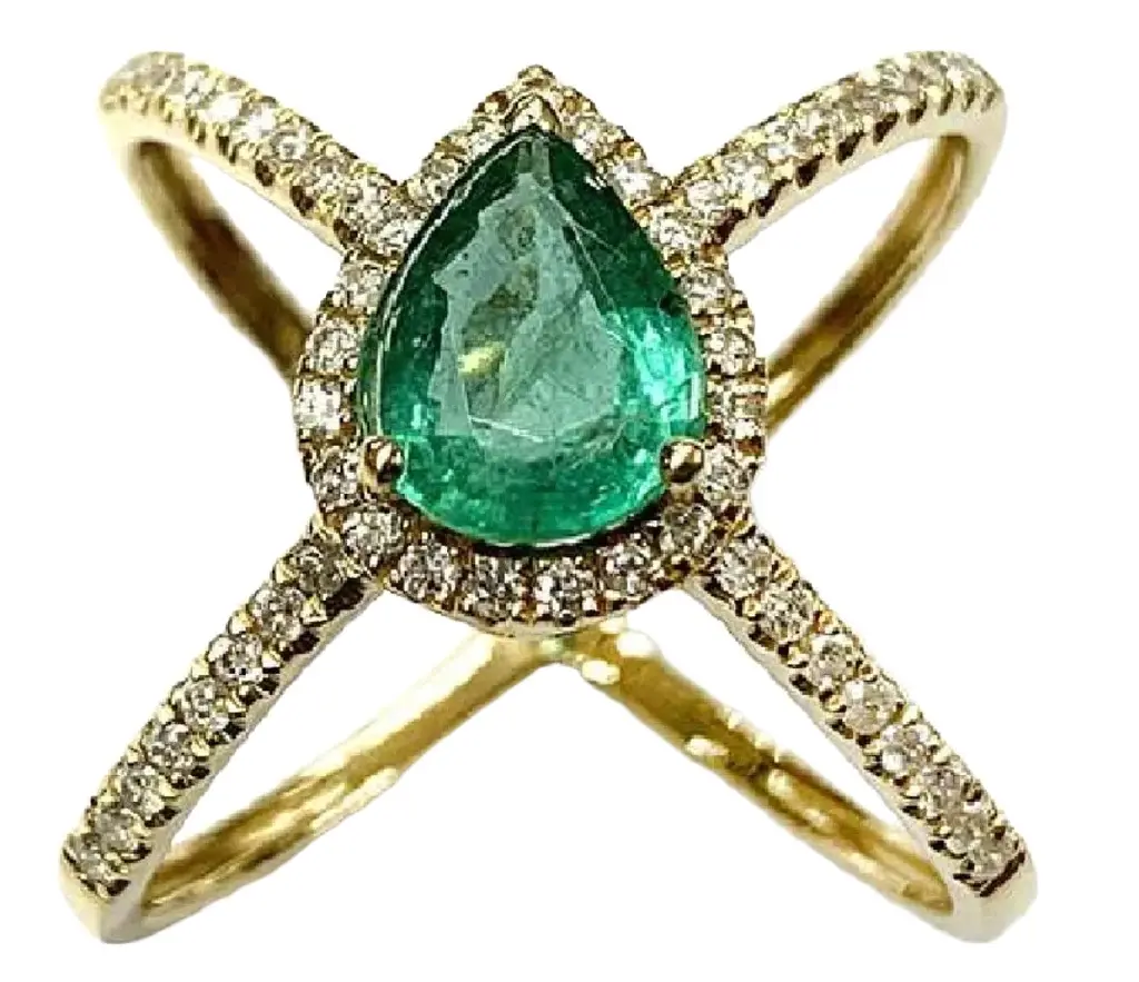 1.6ct Diamond Emerald 18K Gold Pear X Ring 1.6ct Diamond Emerald 18K Gold Pear X Ring