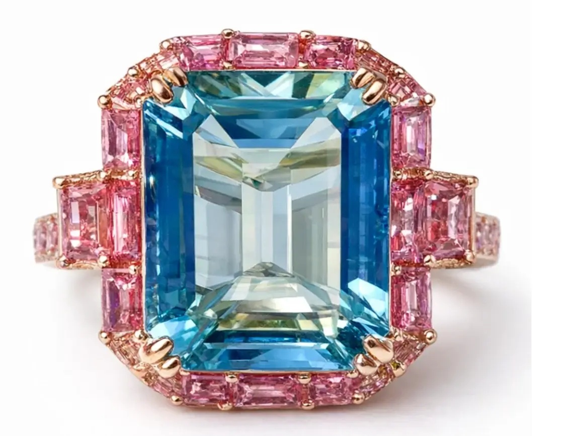 Wish Fine Jewelry 14.26ct Diamond Blue Topaz Pink Sapphire 18K Gold Halo Ring | Image 1 Wish Fine Jewelry 14.26ct Diamond Blue Topaz Pink Sapphire 18K Gold Halo Ring | Image 1