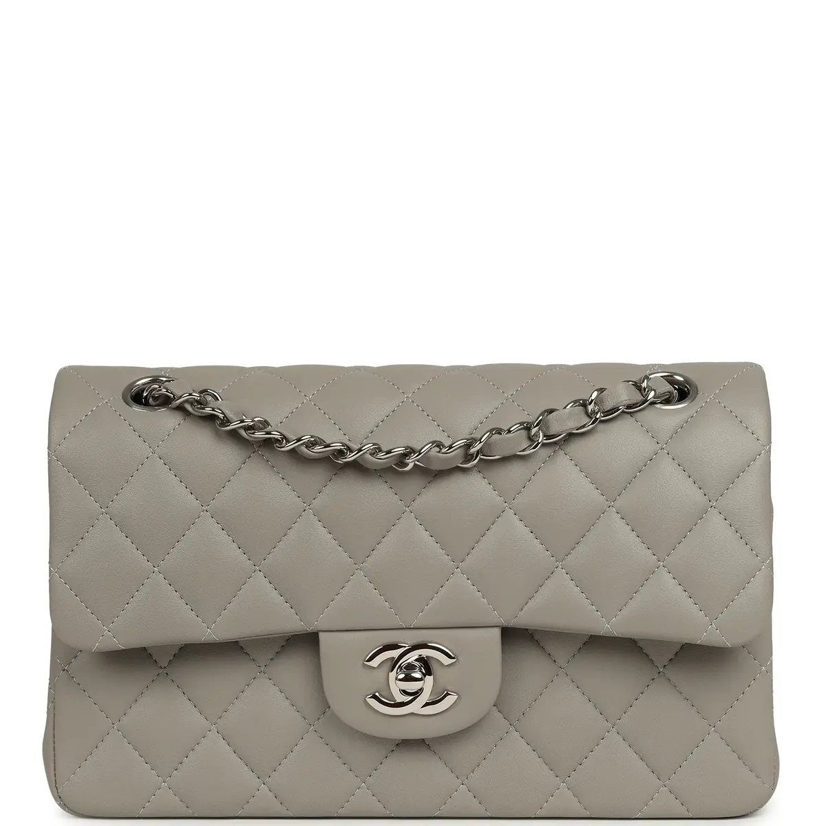 Chanel Chanel Small Classic Double Flap Bag Grey Lambskin Silver Hardware | Image 1 Chanel Chanel Small Classic Double Flap Bag Grey Lambskin Silver Hardware | Image 1