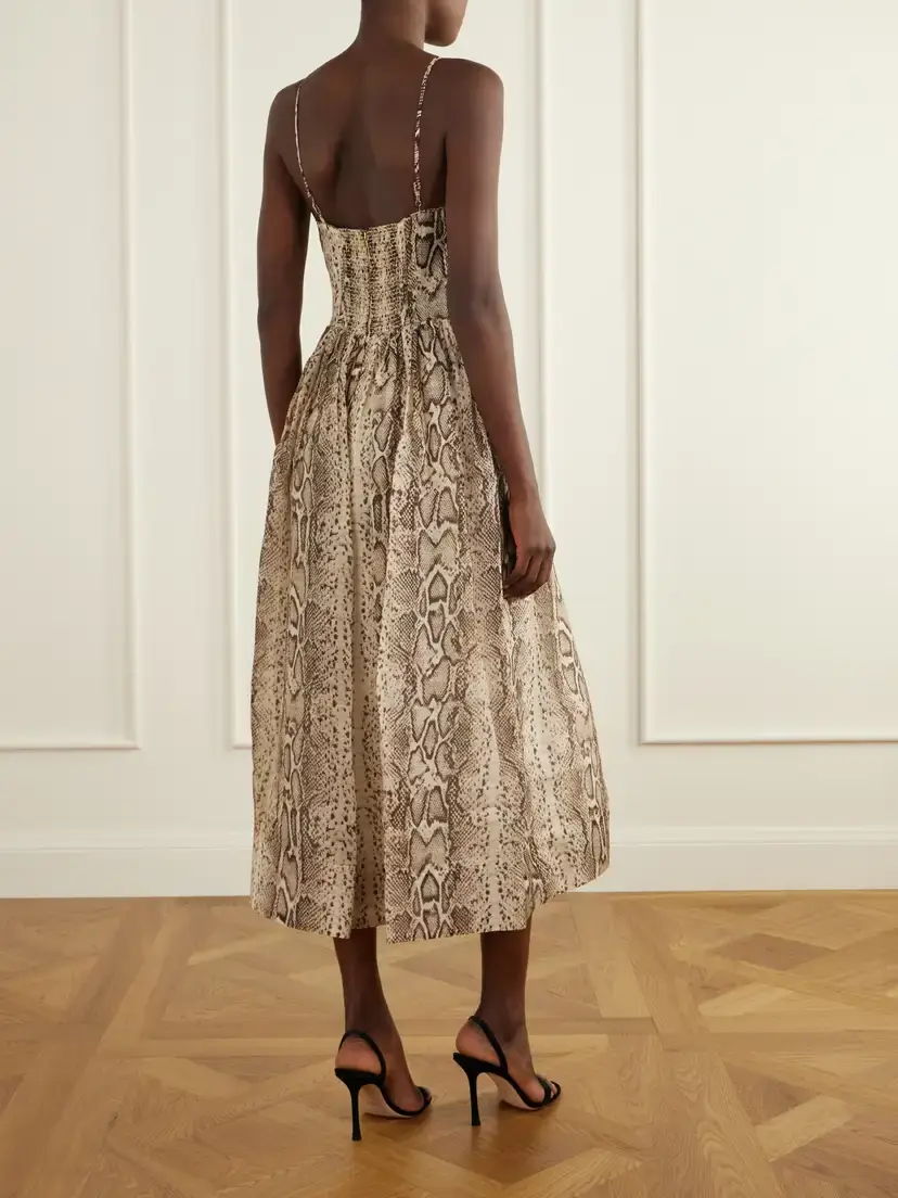 Cara Cara Alba Gathered Snake-print Linen And Silk-blend Organza Midi Dress | Thumbnail 3 Cara Cara Alba Gathered Snake-print Linen And Silk-blend Organza Midi Dress | Thumbnail 3