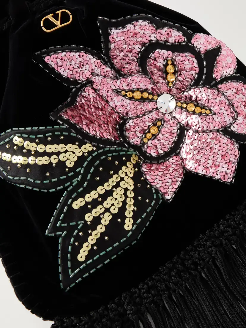 Valentino Garavani Sequin And Bead-embellished Fringed Velvet Drawstring Shoulder Bag | Thumbnail 5 Valentino Garavani Sequin And Bead-embellished Fringed Velvet Drawstring Shoulder Bag | Thumbnail 5