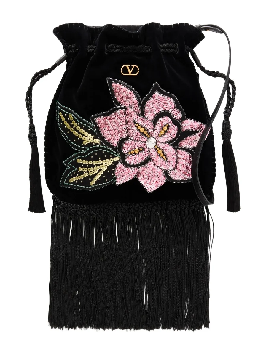 Valentino Garavani Sequin And Bead-embellished Fringed Velvet Drawstring Shoulder Bag