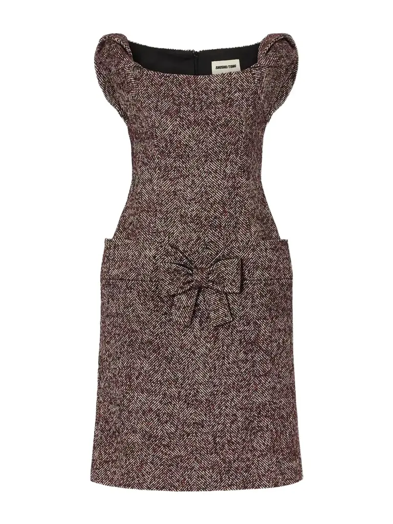 SHUSHU/TONG Bow-detailed Wool-blend Herringbone Midi Dress