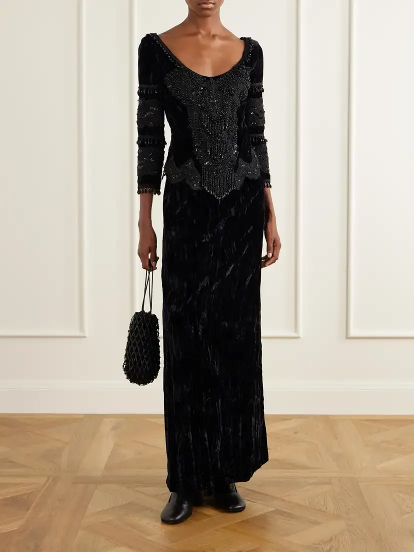 ANNA SUI Fringed Bead-embellished Lace-trimmed Velvet Blouse | Thumbnail 2 ANNA SUI Fringed Bead-embellished Lace-trimmed Velvet Blouse | Thumbnail 2