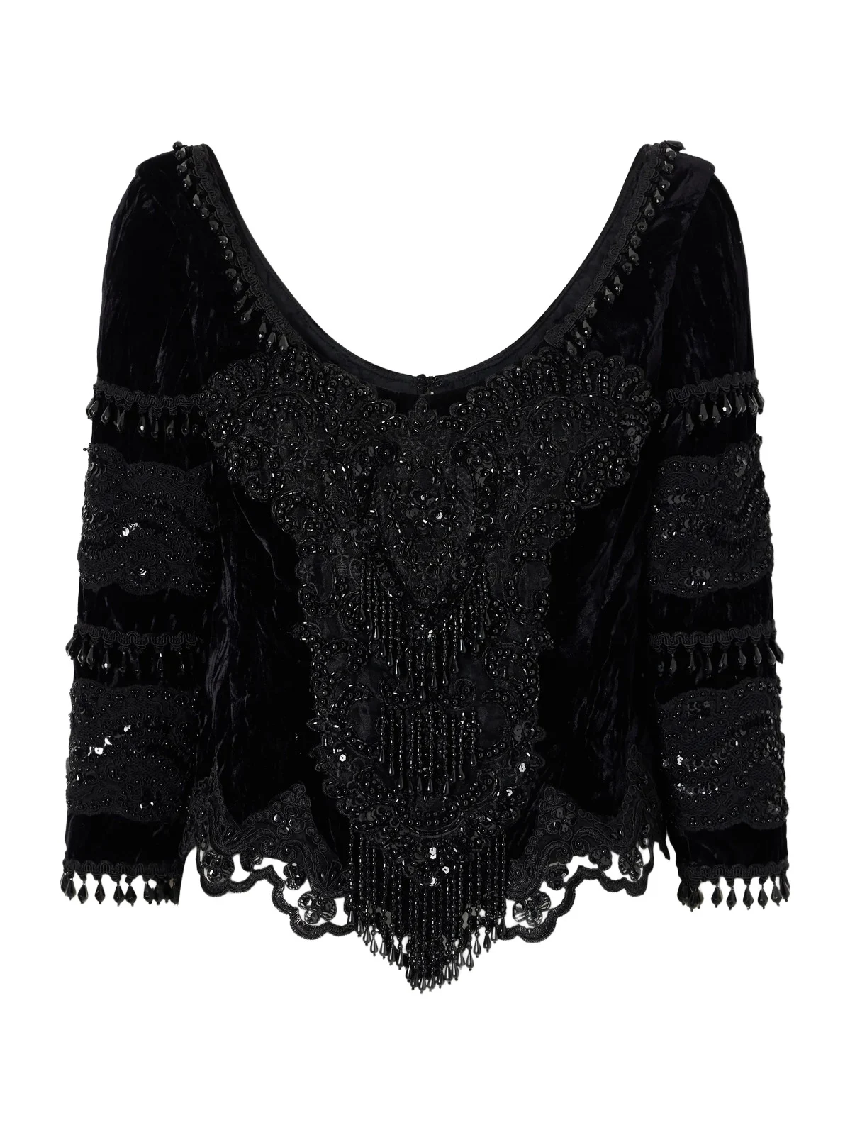 Fringed Bead-embellished Lace-trimmed Velvet Blouse