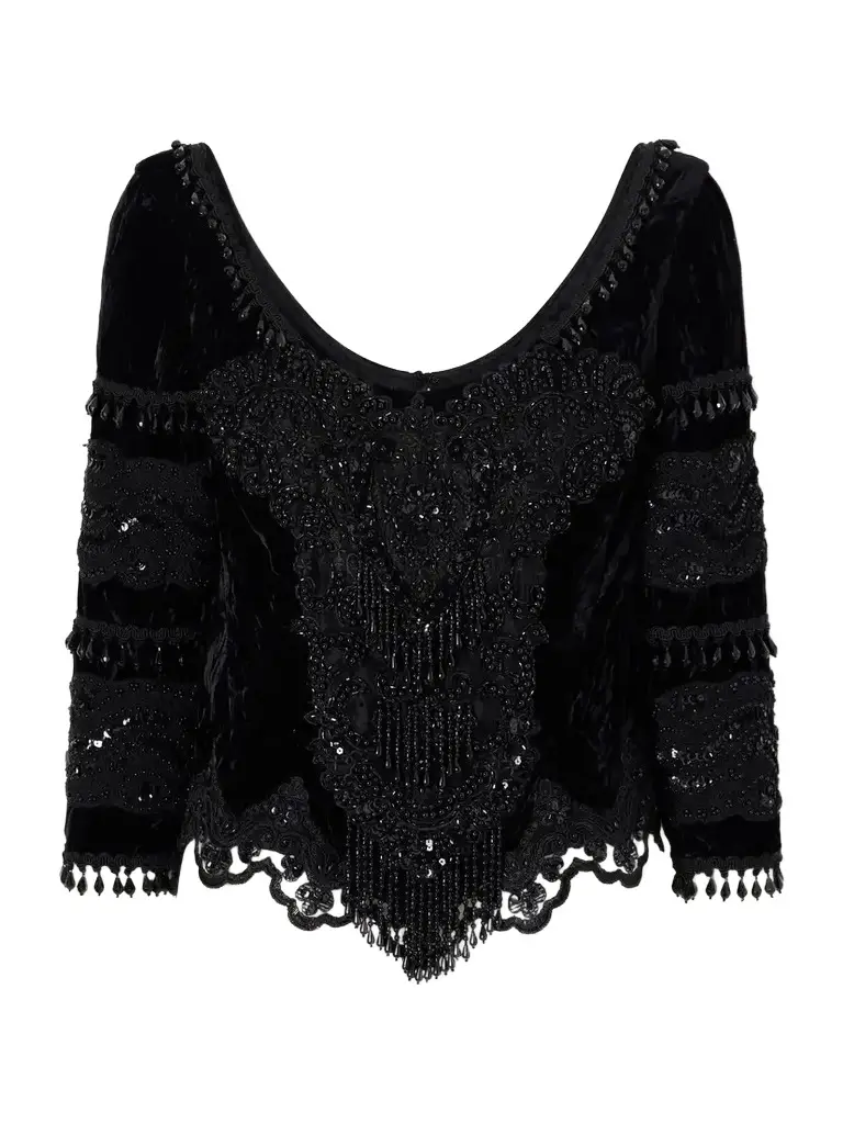 ANNA SUI Fringed Bead-embellished Lace-trimmed Velvet Blouse | Image 1 ANNA SUI Fringed Bead-embellished Lace-trimmed Velvet Blouse | Image 1