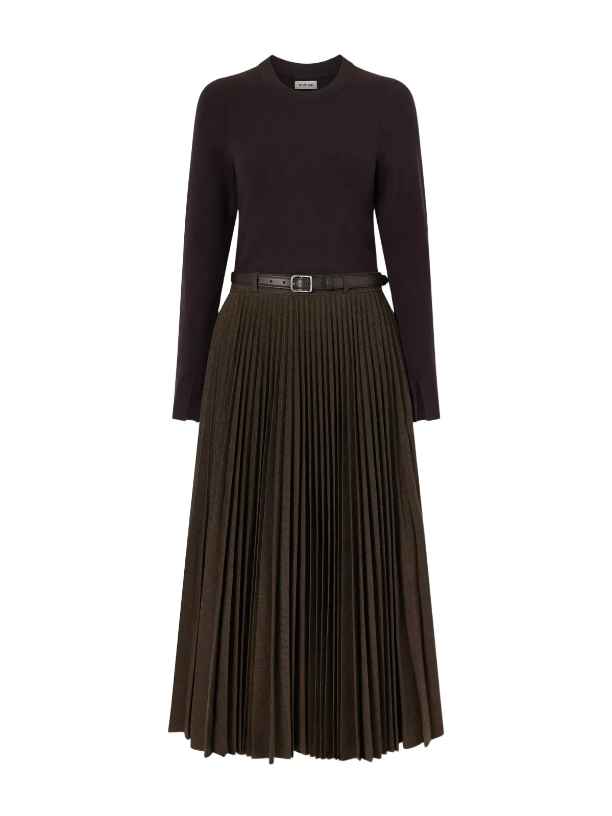 Belted Pleated Woven Midi Dress