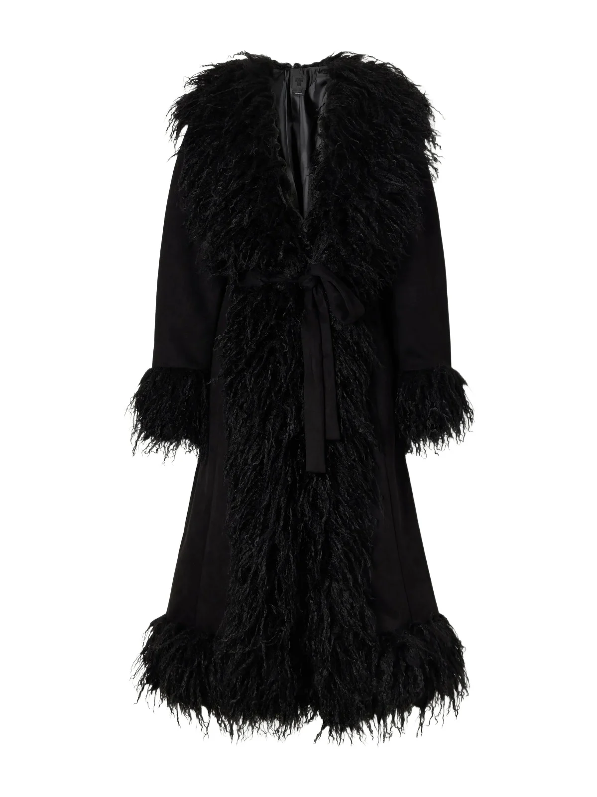 ANNA SUI Belted Plush-trimmed Woven Coat