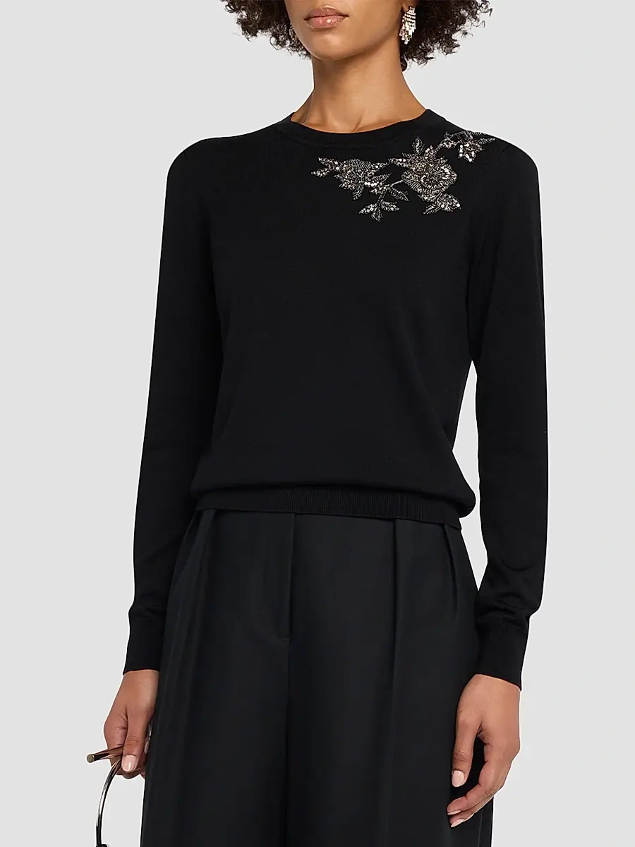Carolina Herrera Women's Embellished Silk-Cotton Crewneck Sweater | Thumbnail 4