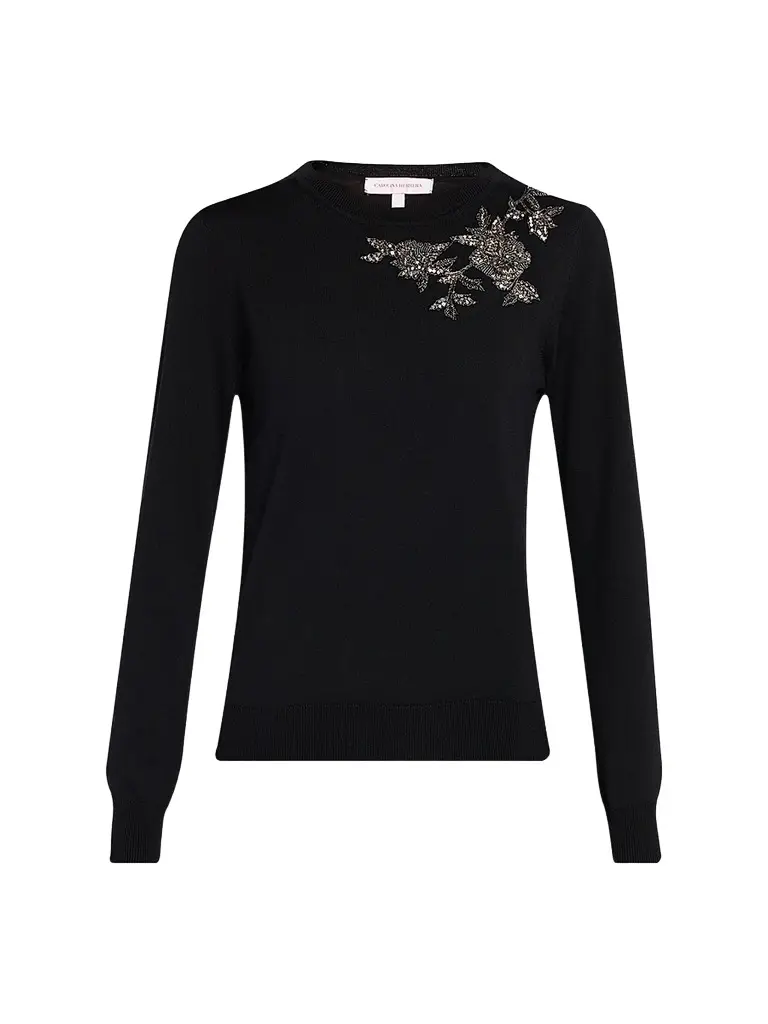 Carolina Herrera Women's Embellished Silk-Cotton Crewneck Sweater - Black | Image 1 Carolina Herrera Women's Embellished Silk-Cotton Crewneck Sweater - Black | Image 1