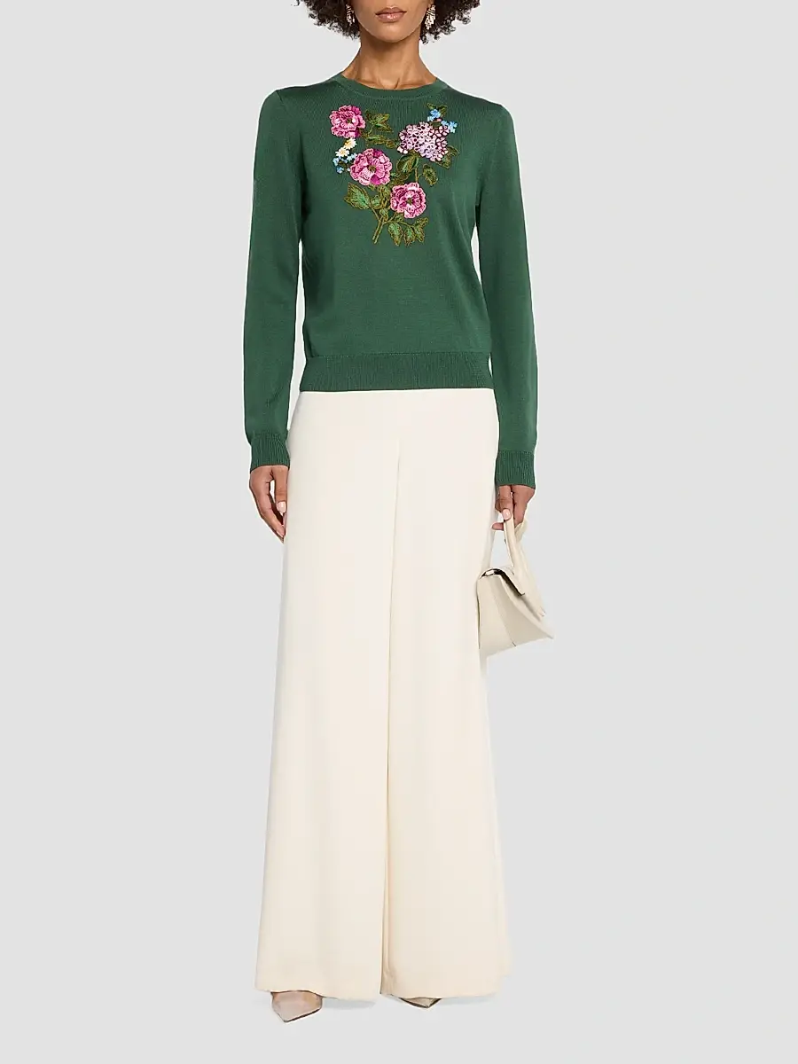 Carolina Herrera Women's Floral-Embroidered Silk-Cotton Crewneck Sweater | Thumbnail 2 Carolina Herrera Women's Floral-Embroidered Silk-Cotton Crewneck Sweater | Thumbnail 2