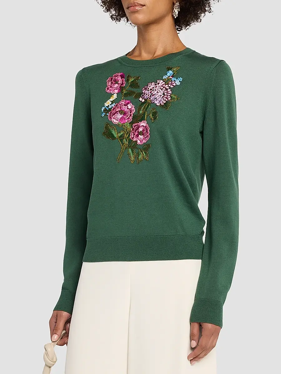 Carolina Herrera Women's Floral-Embroidered Silk-Cotton Crewneck Sweater | Thumbnail 4 Carolina Herrera Women's Floral-Embroidered Silk-Cotton Crewneck Sweater | Thumbnail 4