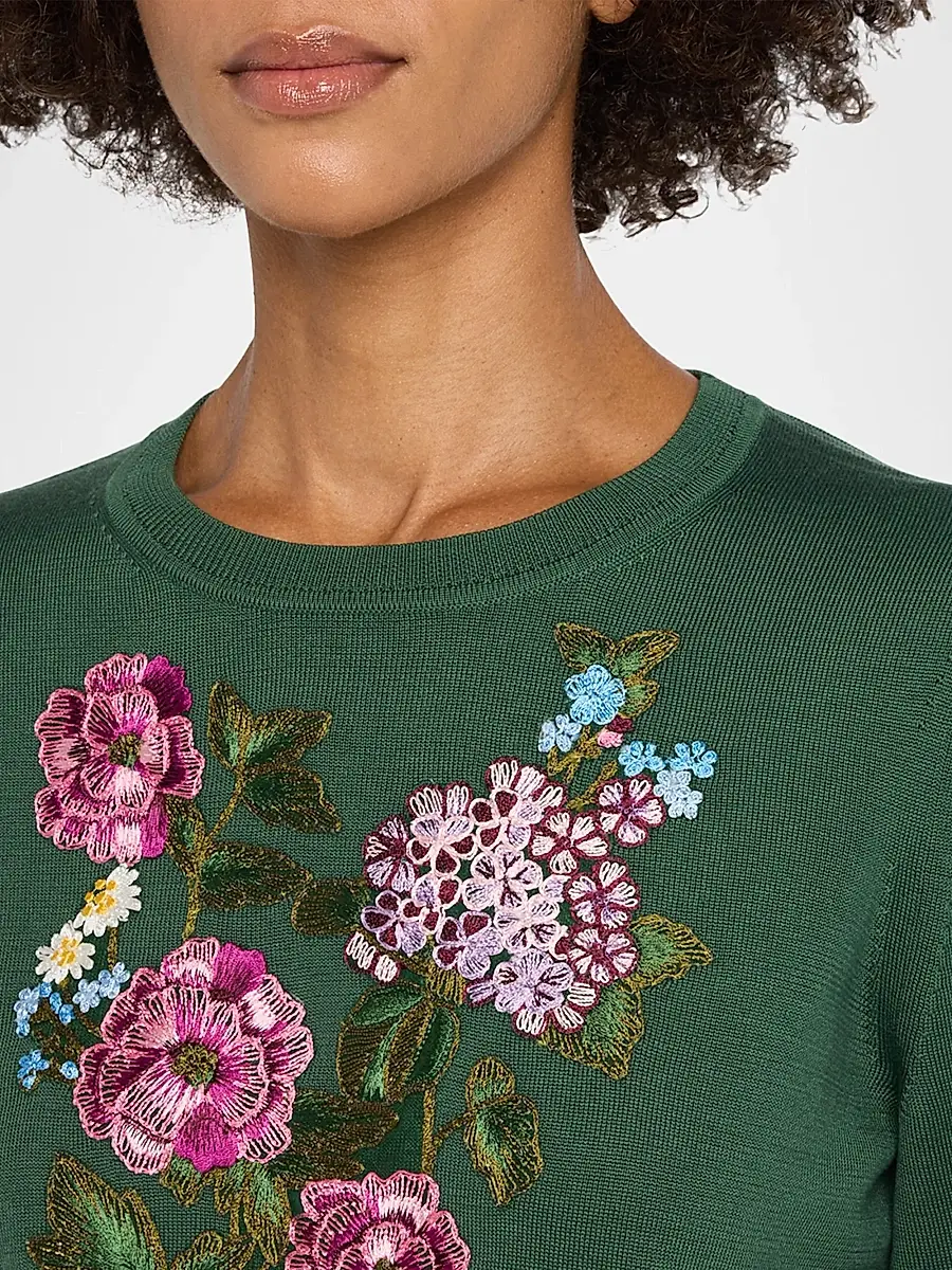 Carolina Herrera Women's Floral-Embroidered Silk-Cotton Crewneck Sweater | Thumbnail 5 Carolina Herrera Women's Floral-Embroidered Silk-Cotton Crewneck Sweater | Thumbnail 5