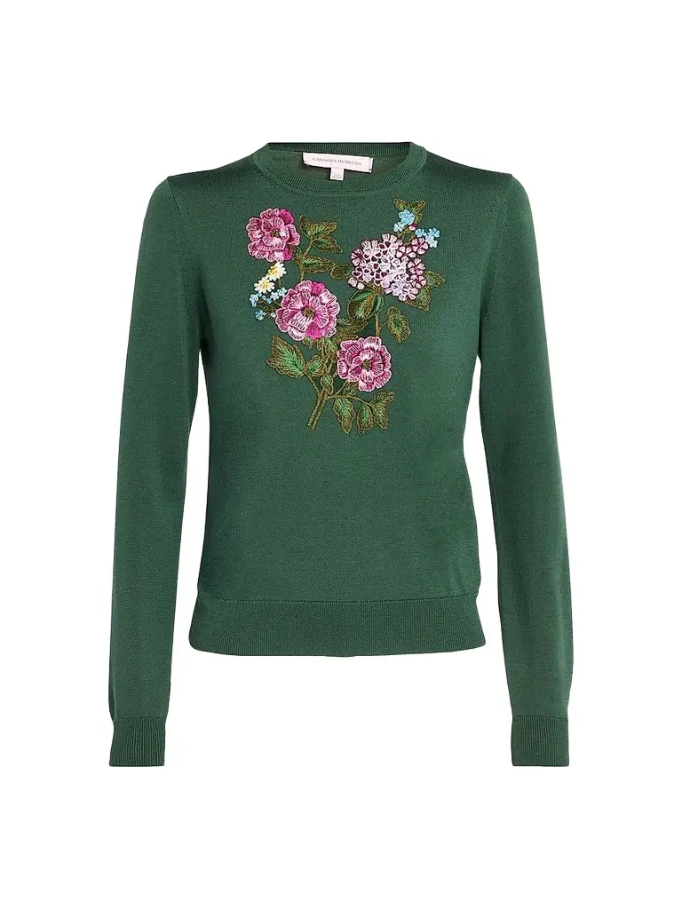 Carolina Herrera Women's Floral-Embroidered Silk-Cotton Crewneck Sweater - Racing Green | Image 1 Carolina Herrera Women's Floral-Embroidered Silk-Cotton Crewneck Sweater - Racing Green | Image 1