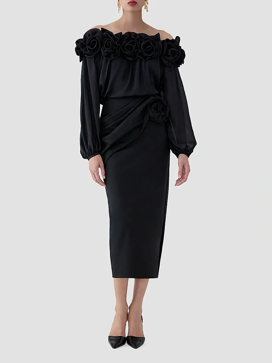 Carolina Herrera Women's Draped 3D-Rose Virgin Wool-Blend Midi Skirt | Thumbnail 2 Carolina Herrera Women's Draped 3D-Rose Virgin Wool-Blend Midi Skirt | Thumbnail 2