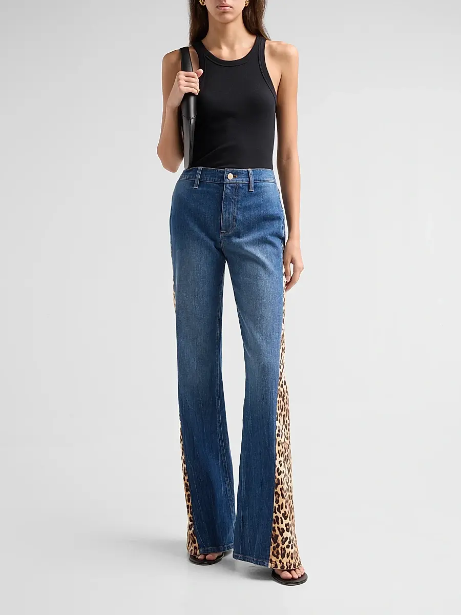 Alice + Olivia Women's Leopard Godet Wide-Leg Flare Jeans | Thumbnail 2