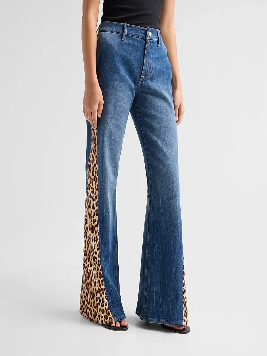 Alice + Olivia Women's Leopard Godet Wide-Leg Flare Jeans | Thumbnail 4