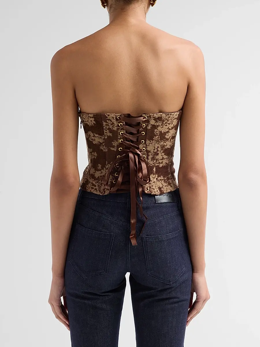 L'Agence Women's Paulette Floral-Jacquard Lace-Up Strapless Top | Thumbnail 3