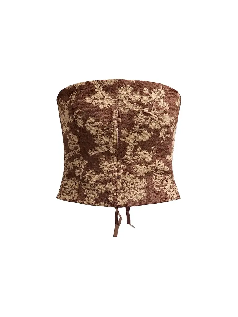 L'Agence Women's Paulette Floral-Jacquard Lace-Up Strapless Top - Brown Floral Tapestry | Image 1 L'Agence Women's Paulette Floral-Jacquard Lace-Up Strapless Top - Brown Floral Tapestry | Image 1