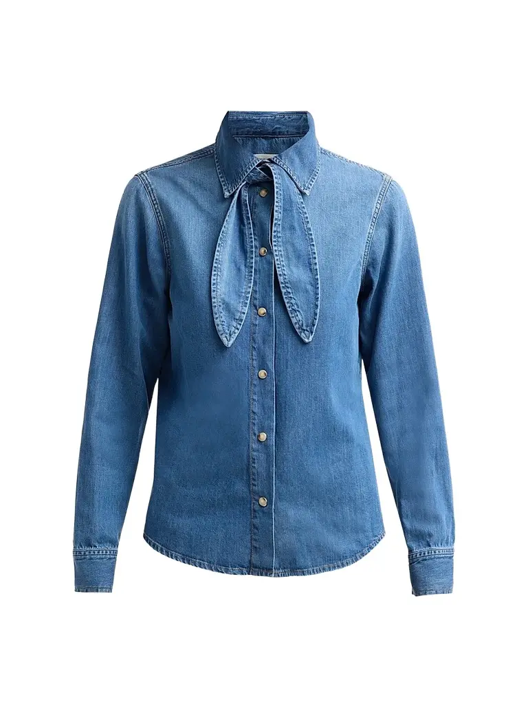 Frame Women's The Clementine Cotton-Blend Denim Tieneck Shirt - Hideaway | Image 1 Frame Women's The Clementine Cotton-Blend Denim Tieneck Shirt - Hideaway | Image 1