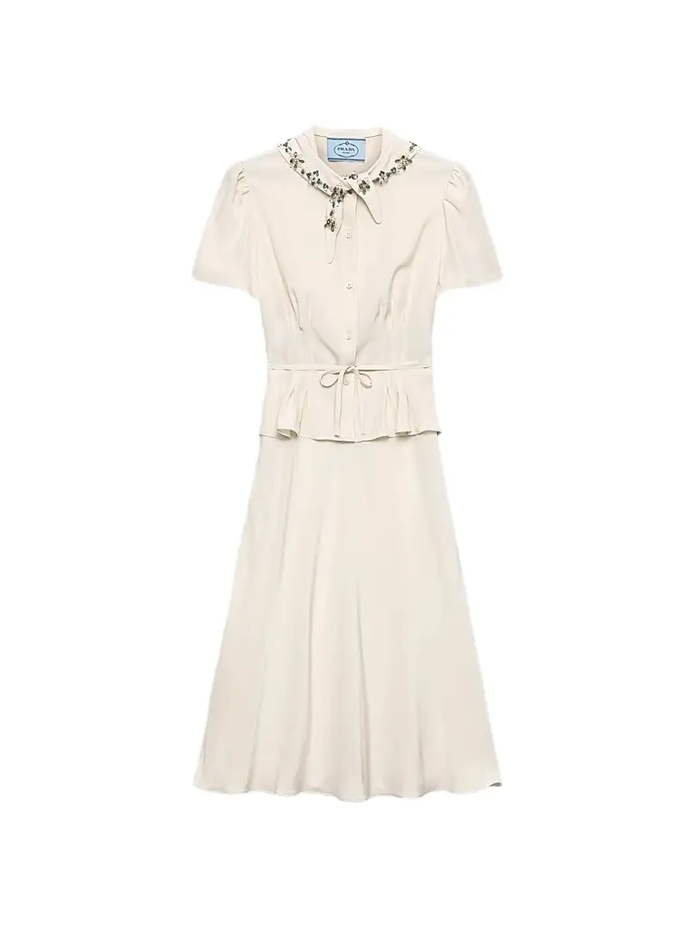 Prada Women's Embroidered Marocain Dress - Beige Khaki | Image 1 Prada Women's Embroidered Marocain Dress - Beige Khaki | Image 1