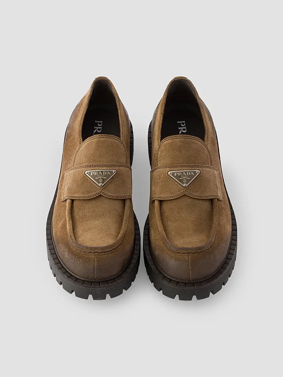 Prada Men's Aged Suede Loafers | Thumbnail 2 Prada Men's Aged Suede Loafers | Thumbnail 2