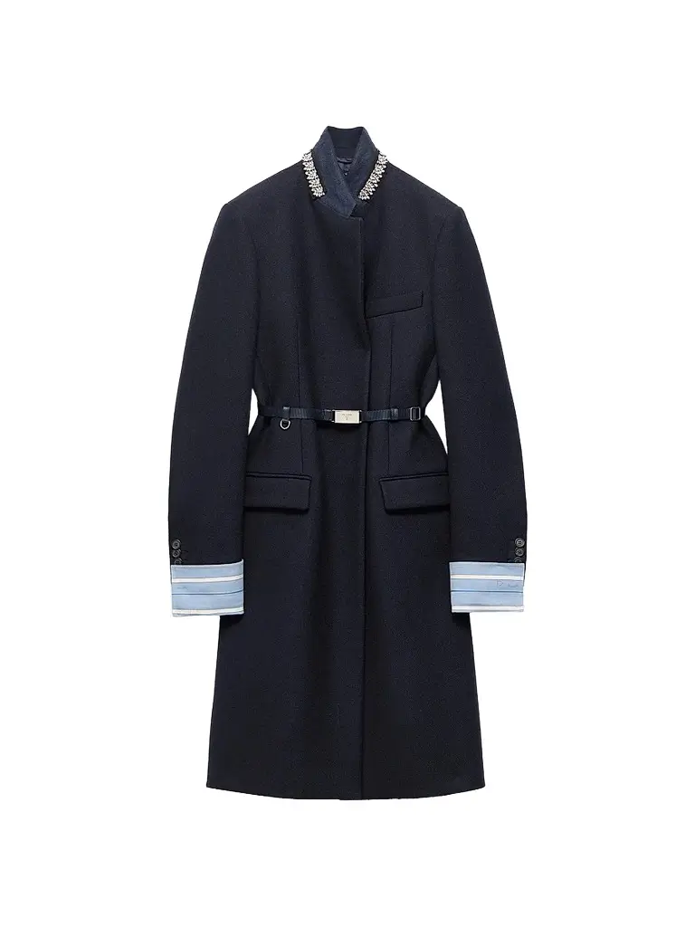 Prada Women's Single-Breasted Embroidered Double Wool Coat - Blue | Image 1 Prada Women's Single-Breasted Embroidered Double Wool Coat - Blue | Image 1
