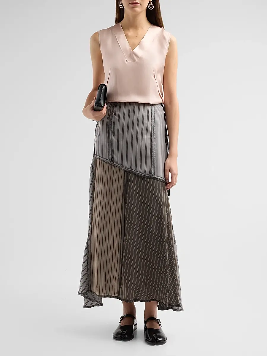 Maison Margiela Women's Striped Patchwork Cupro Midi Skirt | Thumbnail 2 Maison Margiela Women's Striped Patchwork Cupro Midi Skirt | Thumbnail 2