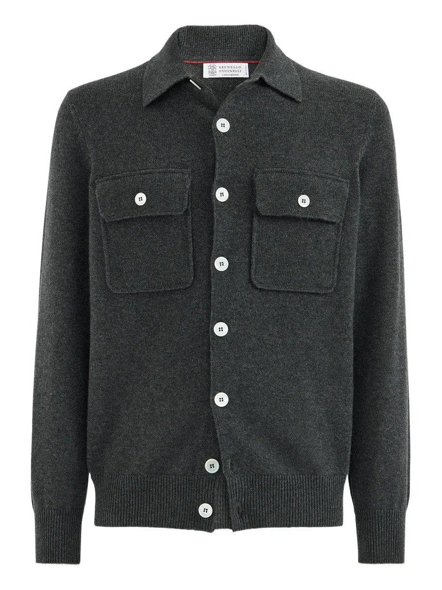 Brunello Cucinelli Men's Cashmere Shirt-Style Cardigan with Chest Pockets - Stone Grey