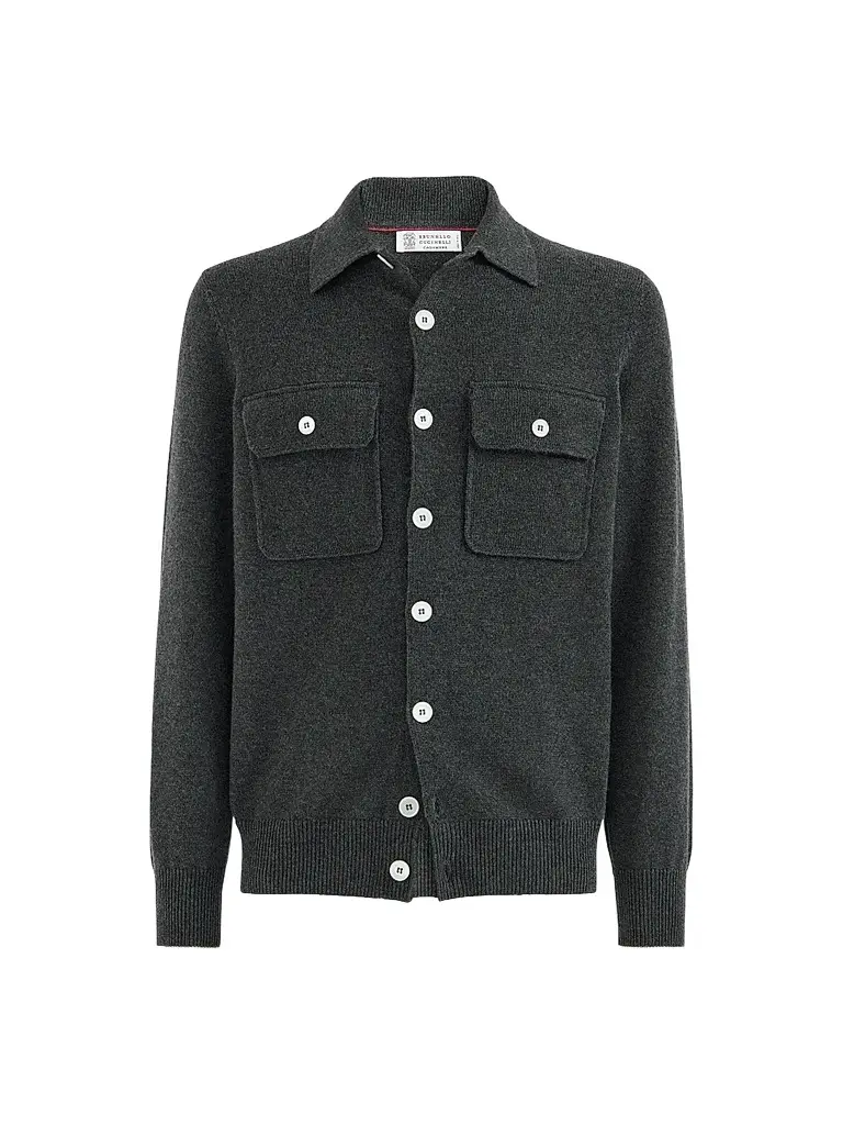 Brunello Cucinelli Men's Cashmere Shirt-Style Cardigan with Chest Pockets - Stone Grey | Image 1 Brunello Cucinelli Men's Cashmere Shirt-Style Cardigan with Chest Pockets - Stone Grey | Image 1